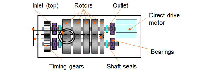 Example of a five-stage Roots blower (courtesy of Edwards Vacuum) Example of a five-stage Roots blower (courtesy of Edwards Vacuum)